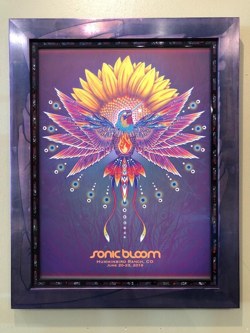 A framed poster for sonic bloom is hanging on a wall