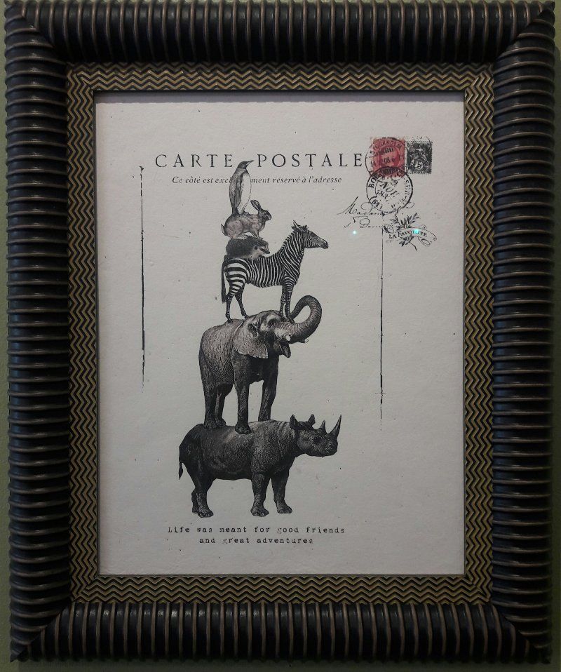 A framed picture of animals stacked on top of each other