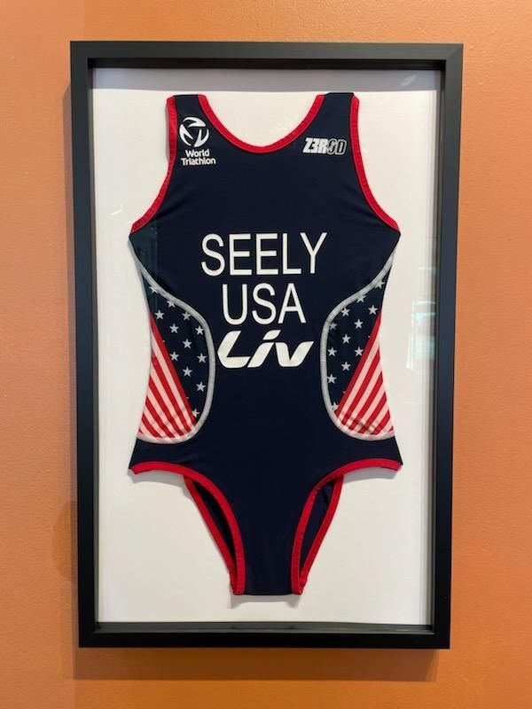 A framed swimsuit that says seely usa on it