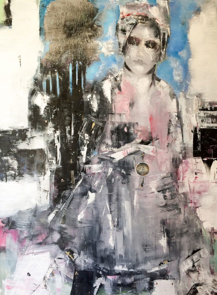 Abstract mixed-media artwork of a person in a head covering with textured layers of black, blue, pink, and white paint.