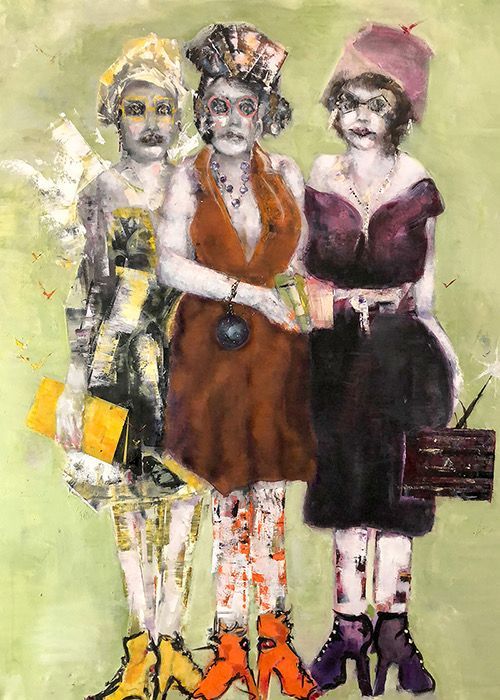 A stylized painting of three figures standing side-by-side against a green background, wearing hats and matching colorful boots.