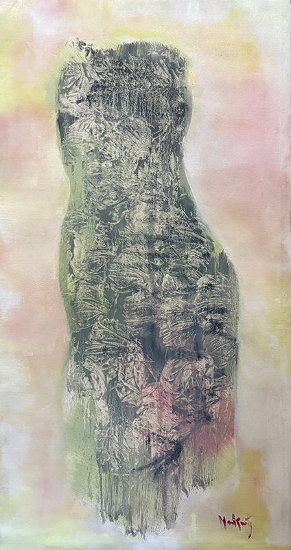 An abstract painting featuring a textured, dark, vertical shape resembling a tree trunk against a soft yellow-pink wash.