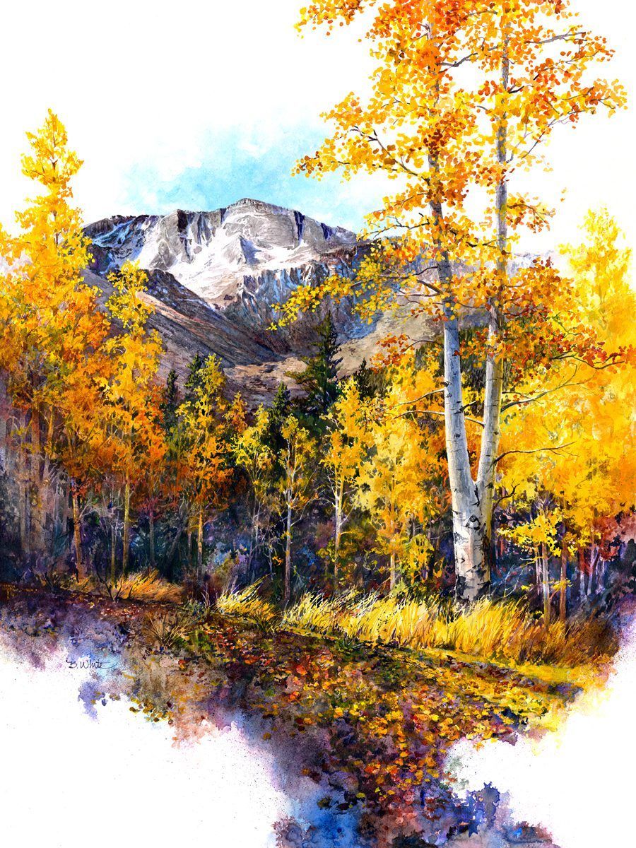 Watercolor landscape featuring a golden aspen forest in front of a snow-capped mountain range under a light blue sky.