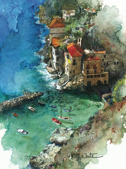 Watercolor painting of a Mediterranean village nestled on cliffs above a turquoise cove with small boats in the water.