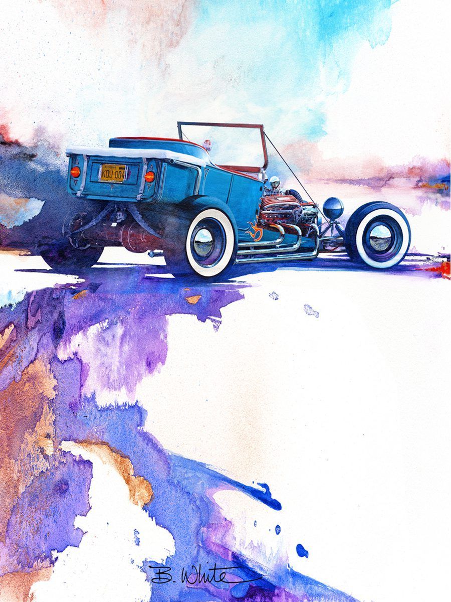 A blue hot rod in a watercolor style, set against a background of abstract purple and blue paint splashes.