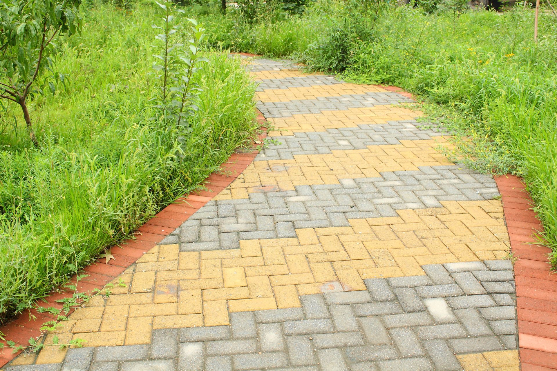 Curving brick walkway through green grass and plants