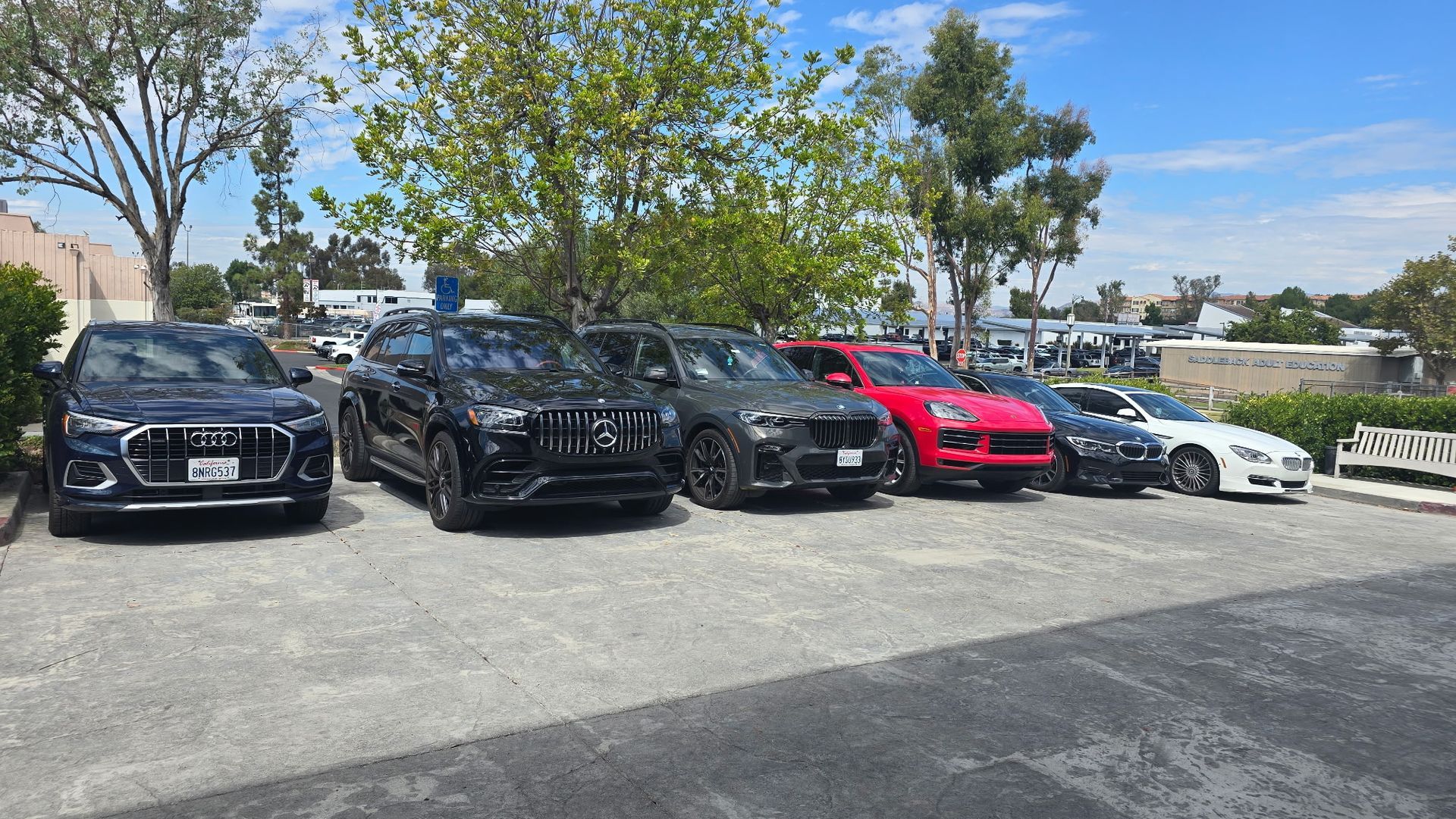 Line of cars parked outdoors on a sunny day. Audi, BMW, Porsche and Mercedes are visible.