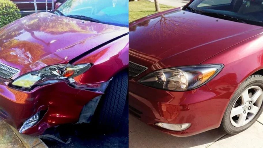 A red car damaged in a collision is repaired, demonstrating before and after photos.