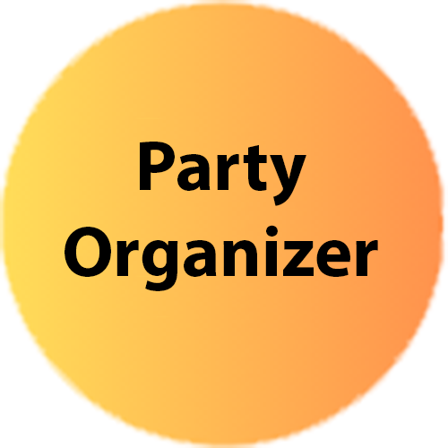 A yellow circle with the words party organizer written on it.