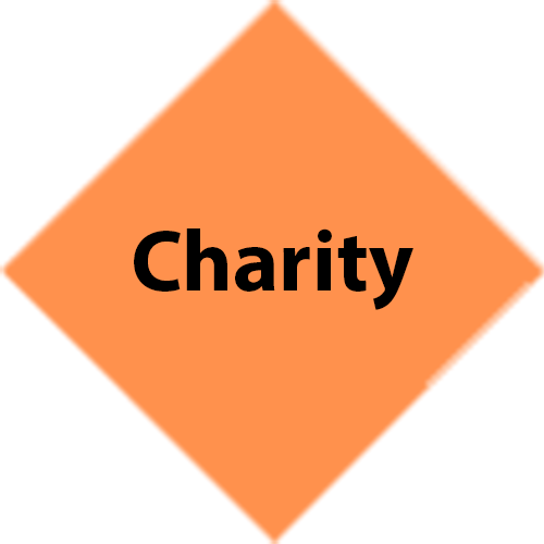 An orange diamond with the word charity on it