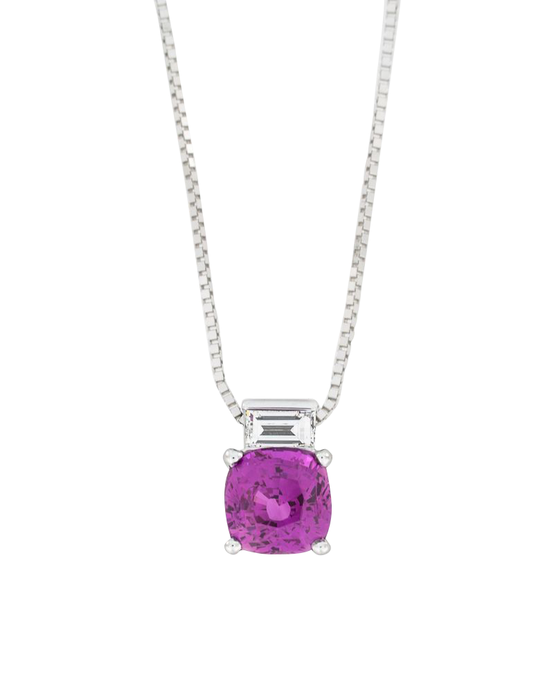 A necklace with a purple stone on a chain