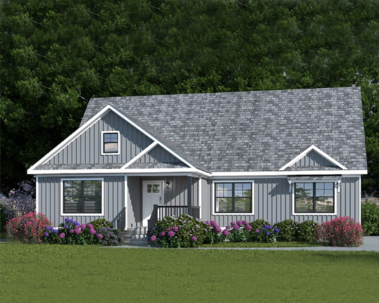 A small house with a gray roof is sitting on top of a lush green field.