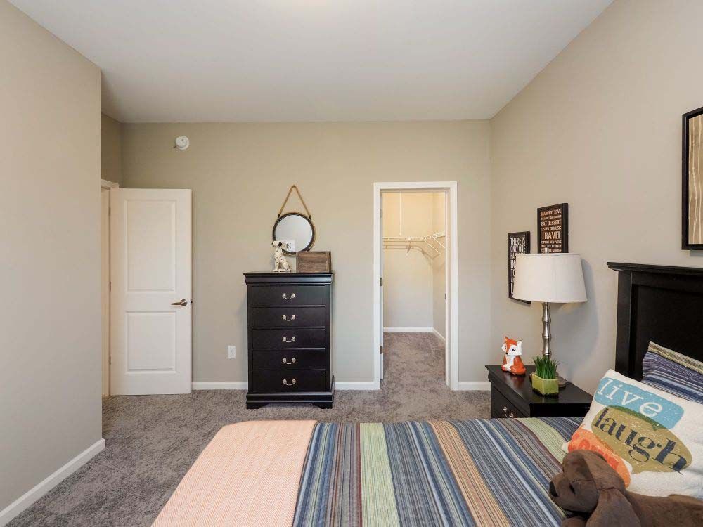 A bedroom with a bed, dresser, nightstand and lamp.