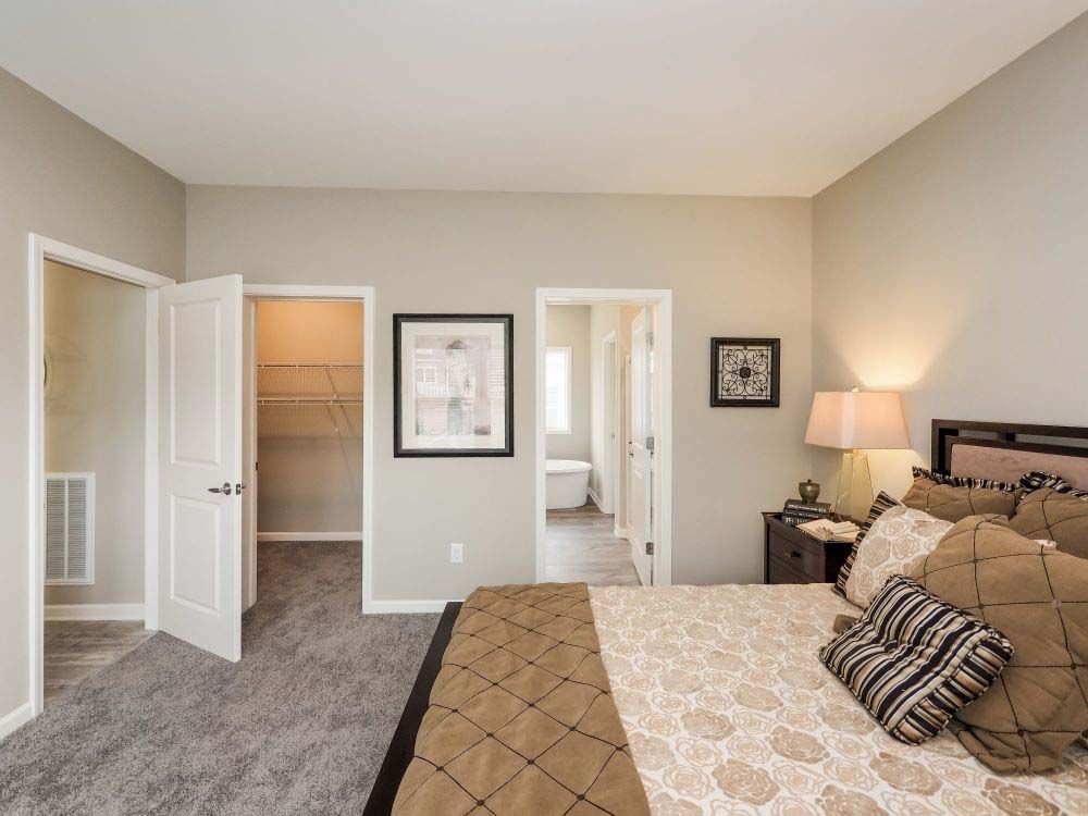 A bedroom with a large bed and a walk in closet.