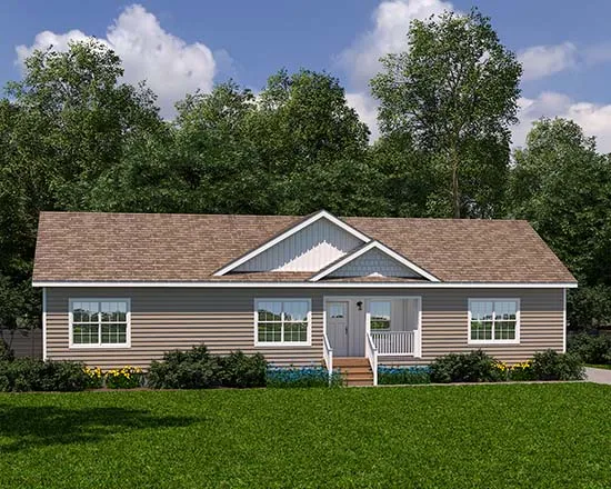 A house with a brown roof and white trim is sitting on top of a lush green field.