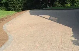 A close-up of a driveway with a curb and trees in the background.