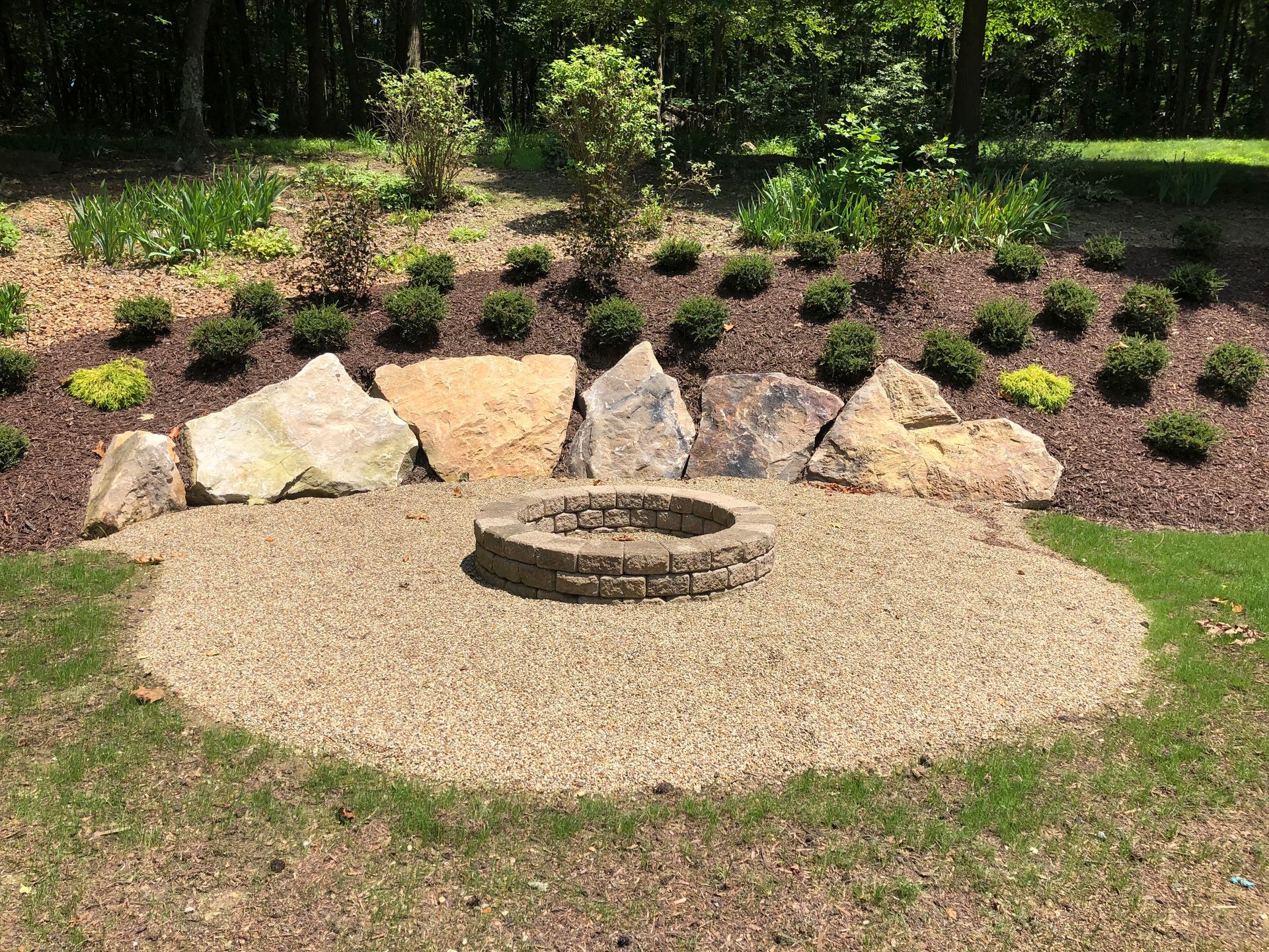 A fire pit in the middle of a lush green field surrounded by rocks.