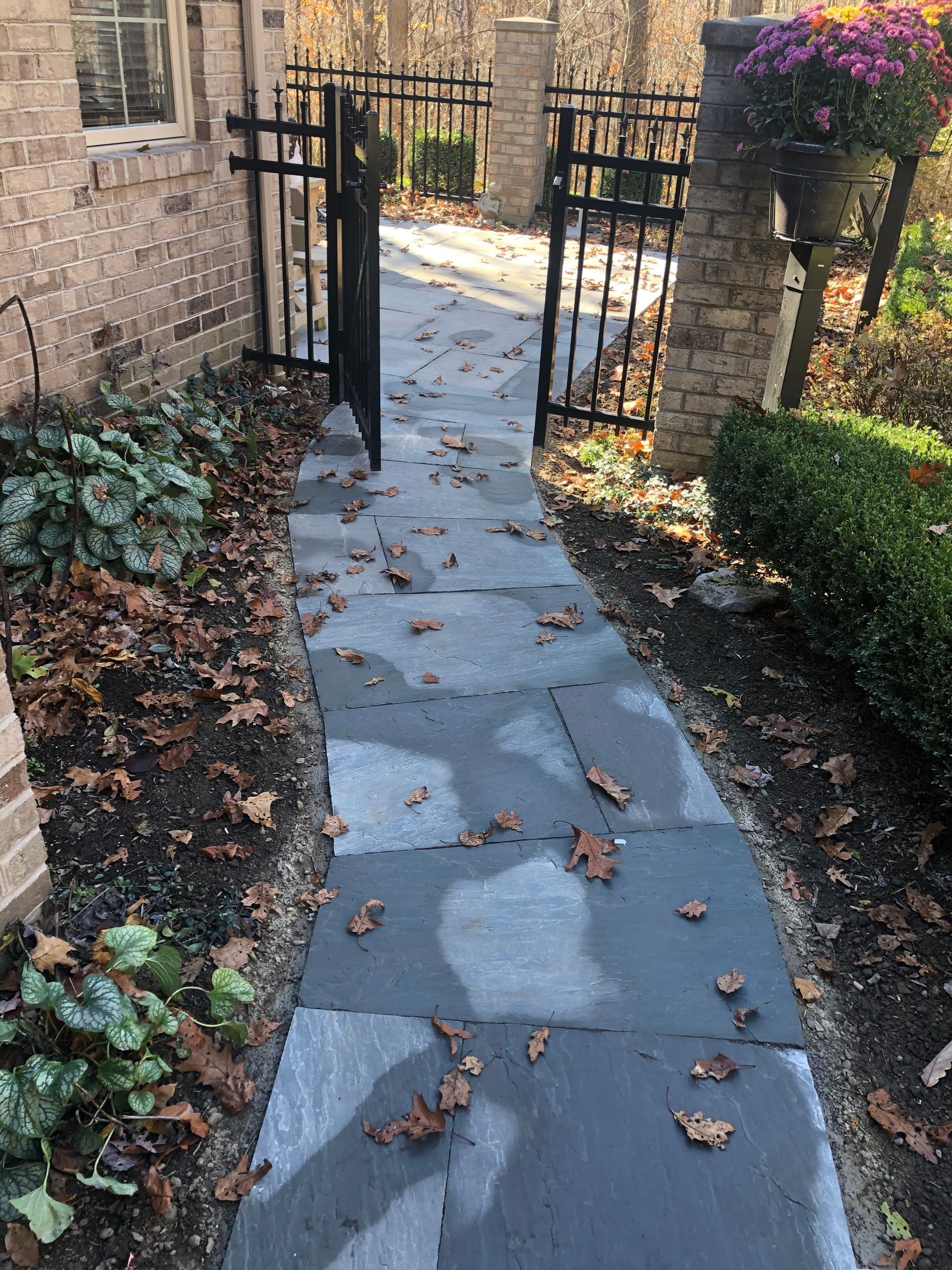 A stone walkway leading to a gate with leaves on the ground