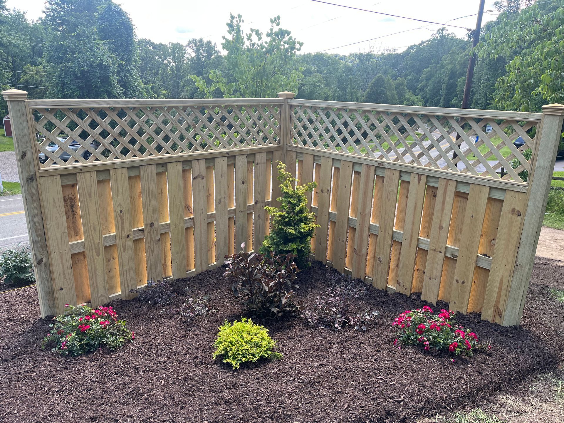 A wooden fence with a lattice top is surrounded by flowers and mulch.