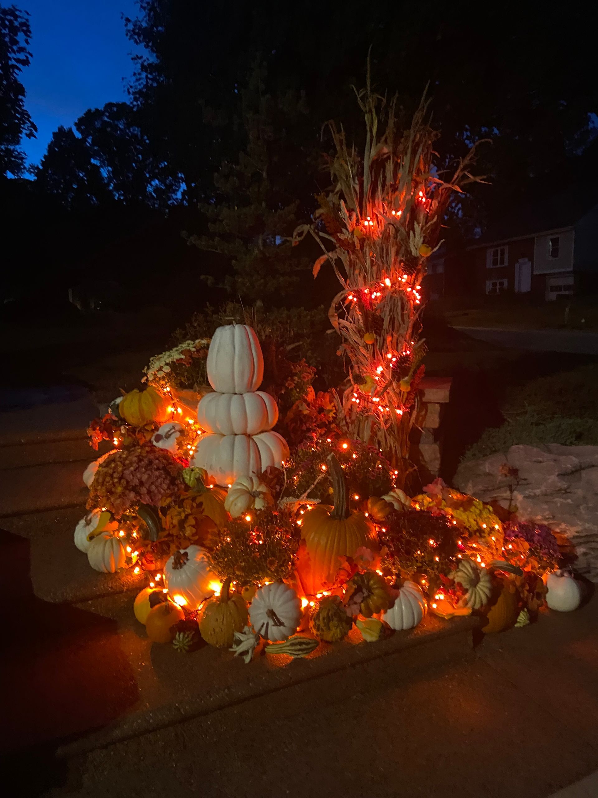 A bunch of pumpkins are sitting on top of each other on a table at night.