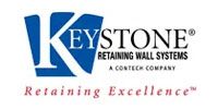 The logo for keystone retaining wall systems is blue and white.