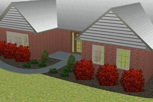 A digital rendering of a one-story brick house with a gray shingled roof, front walkway, and red landscaping bushes.