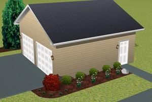 A detached, two-car garage with beige siding, a black gabled roof, white garage doors, and landscaped flower beds.
