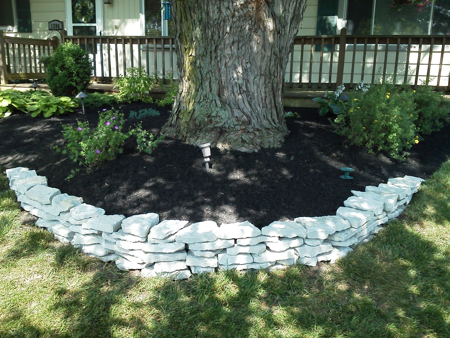 A tree base surrounded by dark mulch and a curved, white stacked-stone retaining wall in a yard.