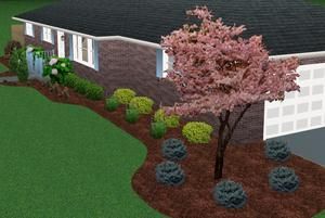 A 3D landscape design rendering showing a brick house with a front lawn, brown mulch beds, small shrubs, and a pink tree.