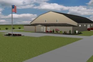 A digital rendering of a beige barn-style building with a dark roof, a front porch, and an American flag on a flagpole.