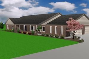 A rendering of a single-story brick house with a dark roof, attached garage, and landscaping on a grassy lawn.