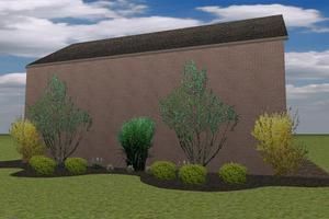 A digital rendering of a blank, tan-colored wall decorated with small, manicured shrubs and bushes on a grass lawn.