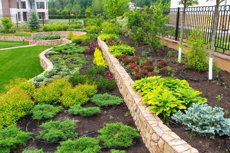 A landscaped garden featuring tiered stone retaining walls, diverse greenery, shrubs, and a well-manicured lawn.