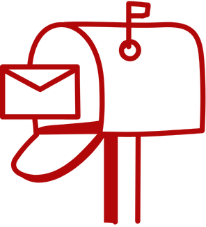 A red line drawing of a mailbox with an envelope in it.