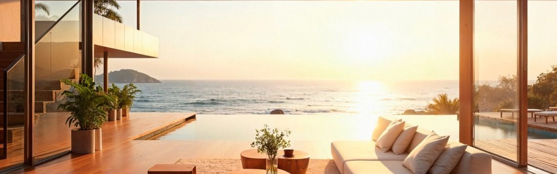 Sunlit modern patio with pool, lounge chairs, potted plants, and ocean view at sunset