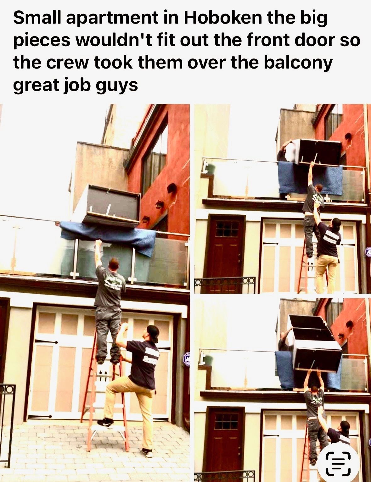 Crew moving a large couch through a Hoboken apartment balcony over the front door