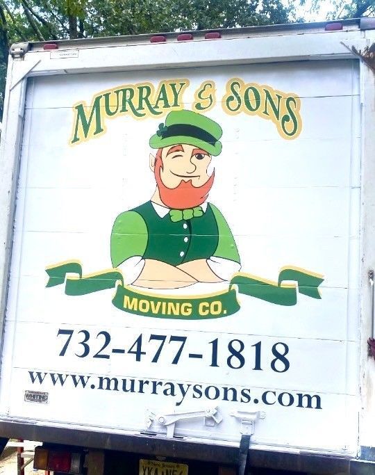 Murray & Sons Moving Co. truck logo with cartoon mover, phone number, and website