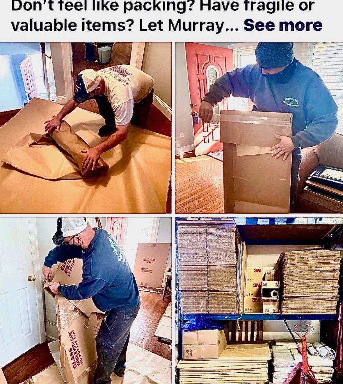 Workers packing fragile items into boxes and crates, with a moving service banner above.