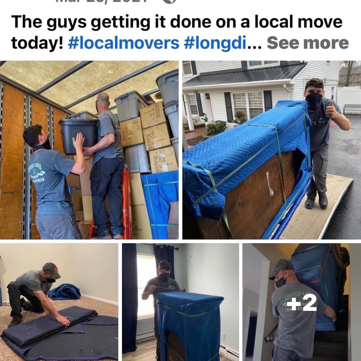 Movers loading furniture and boxes into a truck and moving blankets around a house.