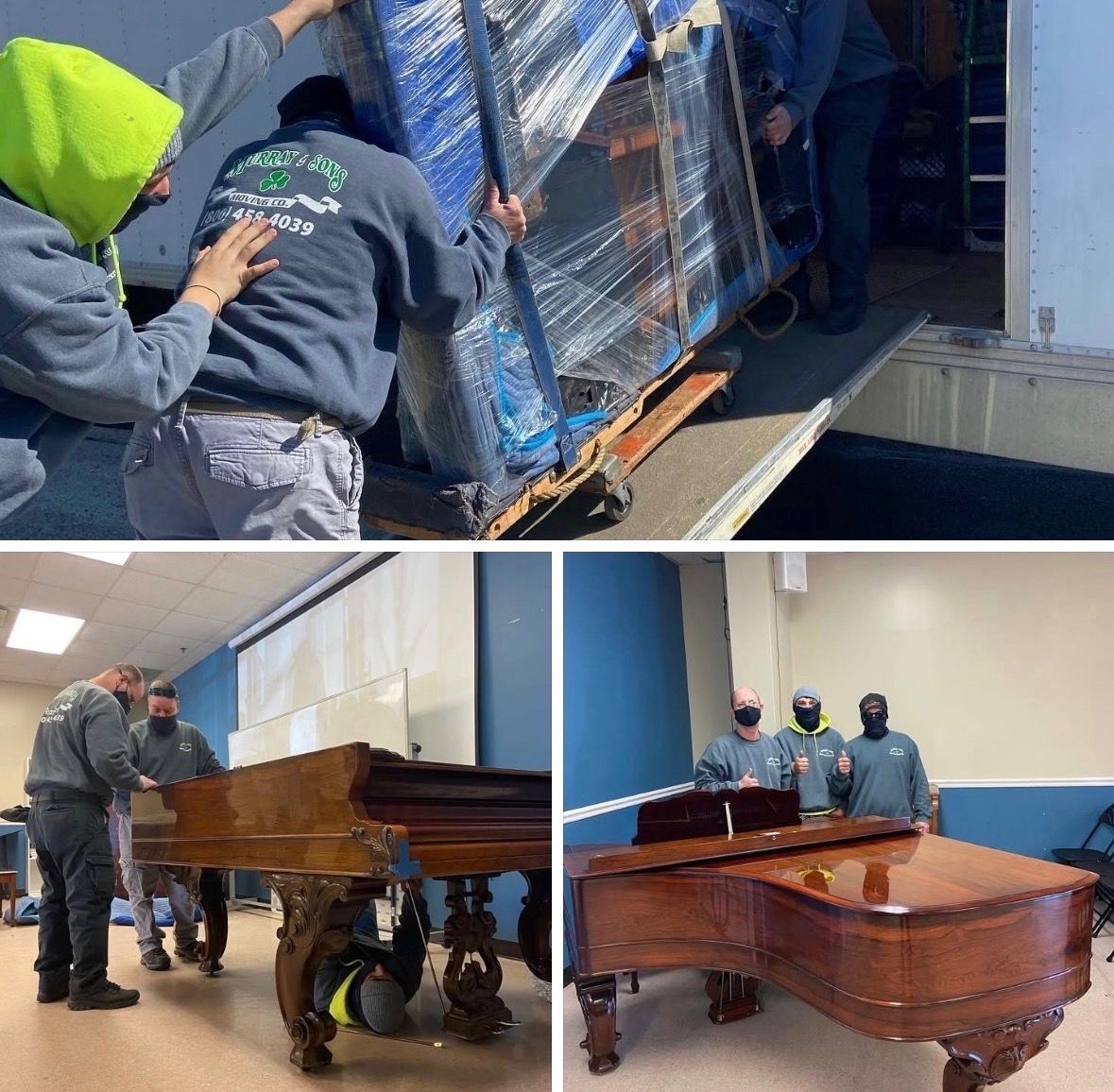Workers moving a piano with dollies and a forklift in a building hallway.