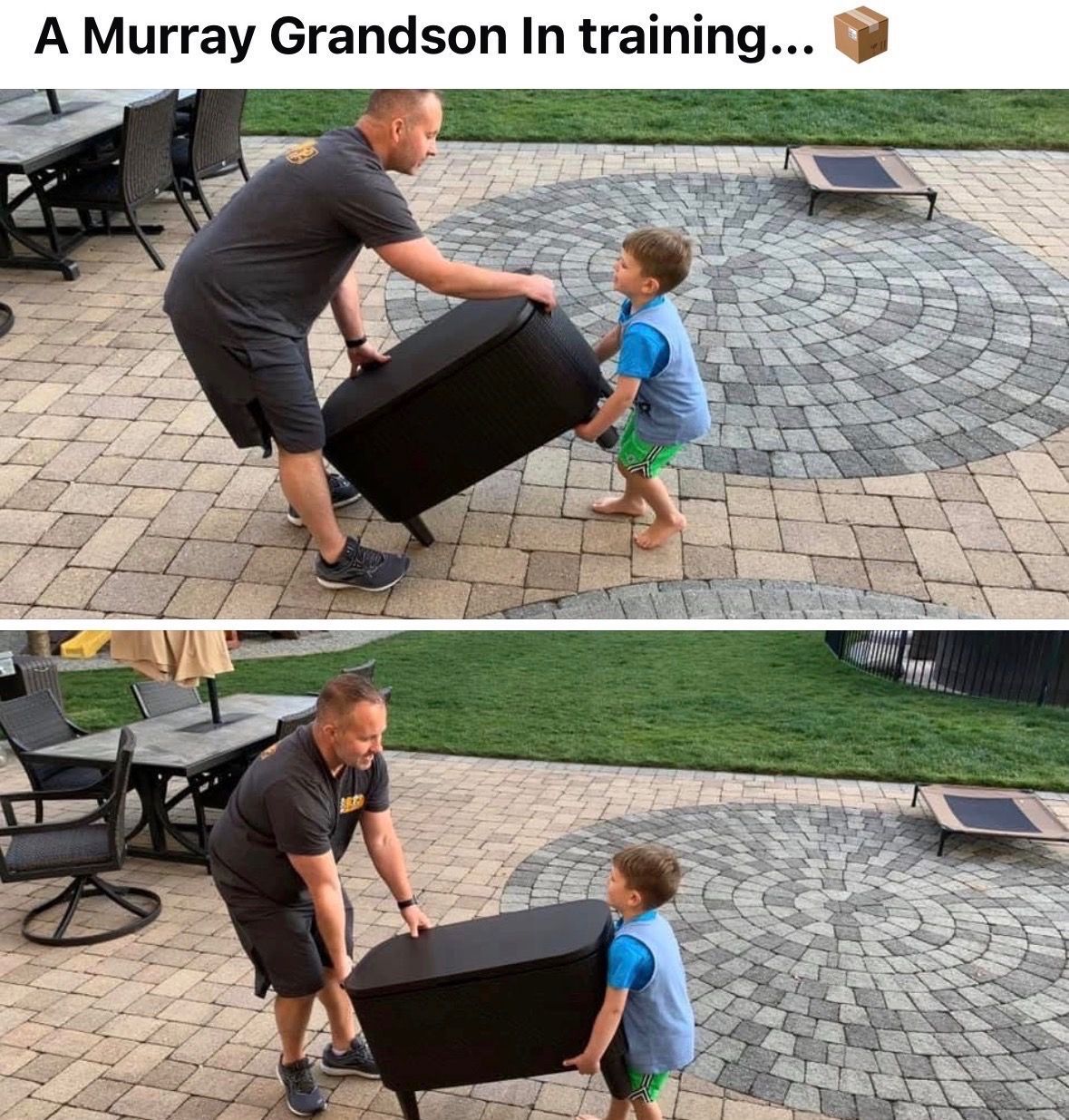 Man and boy on a patio tilting a black box together; two-panel training sequence.