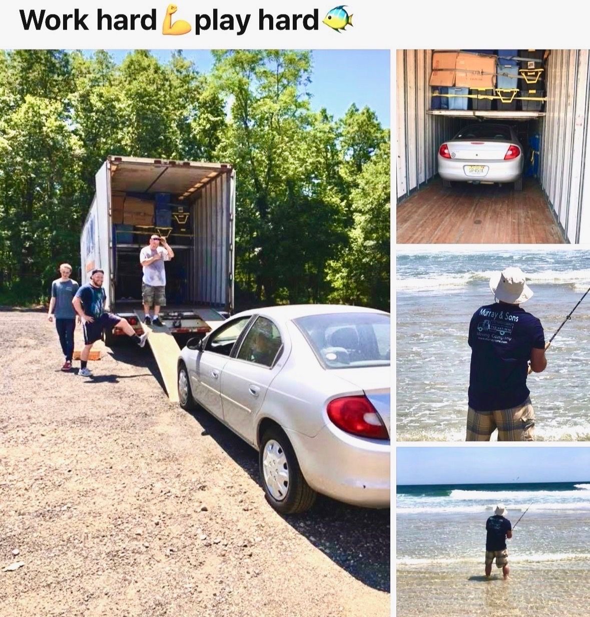 Team loading a silver car into a truck at a beach, with small photos of driving and walking by the ocean.