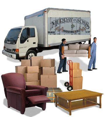 Moving truck with movers, stacked boxes, couch, chair, and coffee table on a white background
