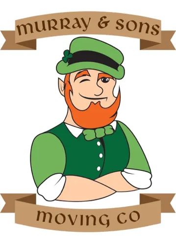 Murray & Sons Moving Co. logo with a cartoon mover in green uniform and cap, red beard, on beige ribbon banners