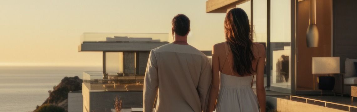 Couple standing on a rooftop terrace at sunset, overlooking the ocean.