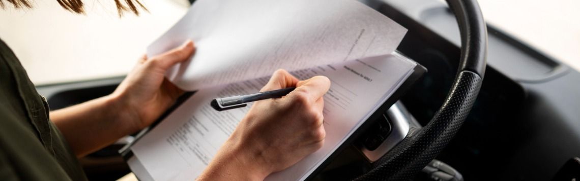 Hands holding pen and paperwork on a car steering wheel