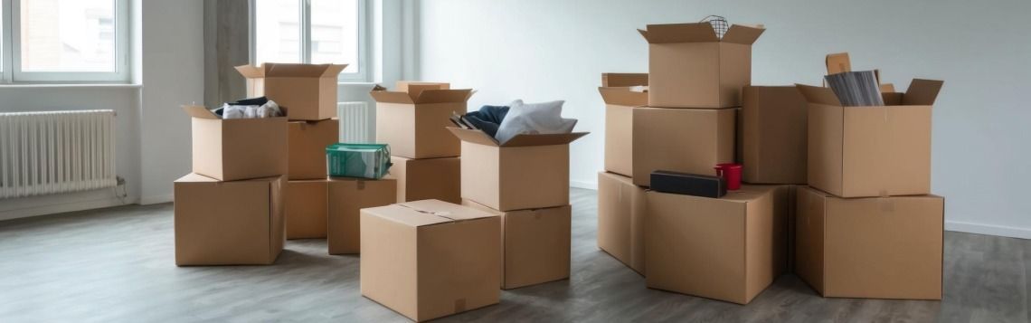 Cardboard moving boxes stacked in a bright empty room with a wooden floor and radiator
