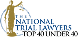 The National Trial Lawyers Top 40 Under 40 logo with Lady Justice statue icon