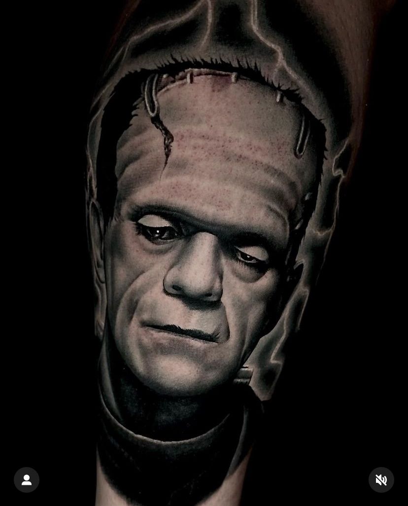 a black-and-white portrait of Frankenstein's monster
