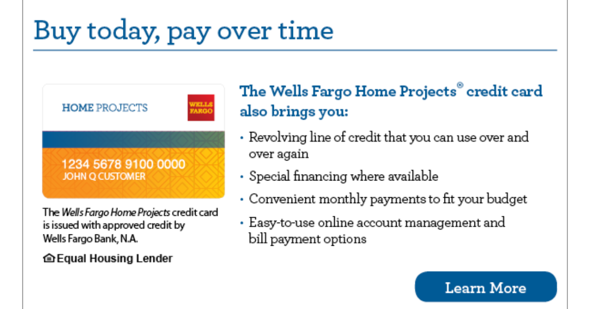 Promotional webpage for a home projects credit card with blue and orange callout boxes and a Learn More button